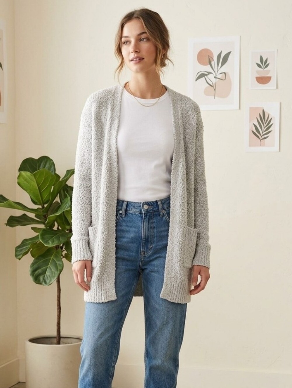Garage Light Gray Bouclé Open-Front Cardigan